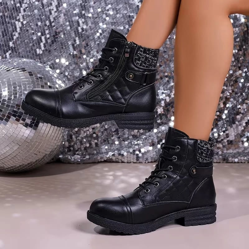 Damen Schnürstiefeletten mit Quilt-Optik und Blockabsatz