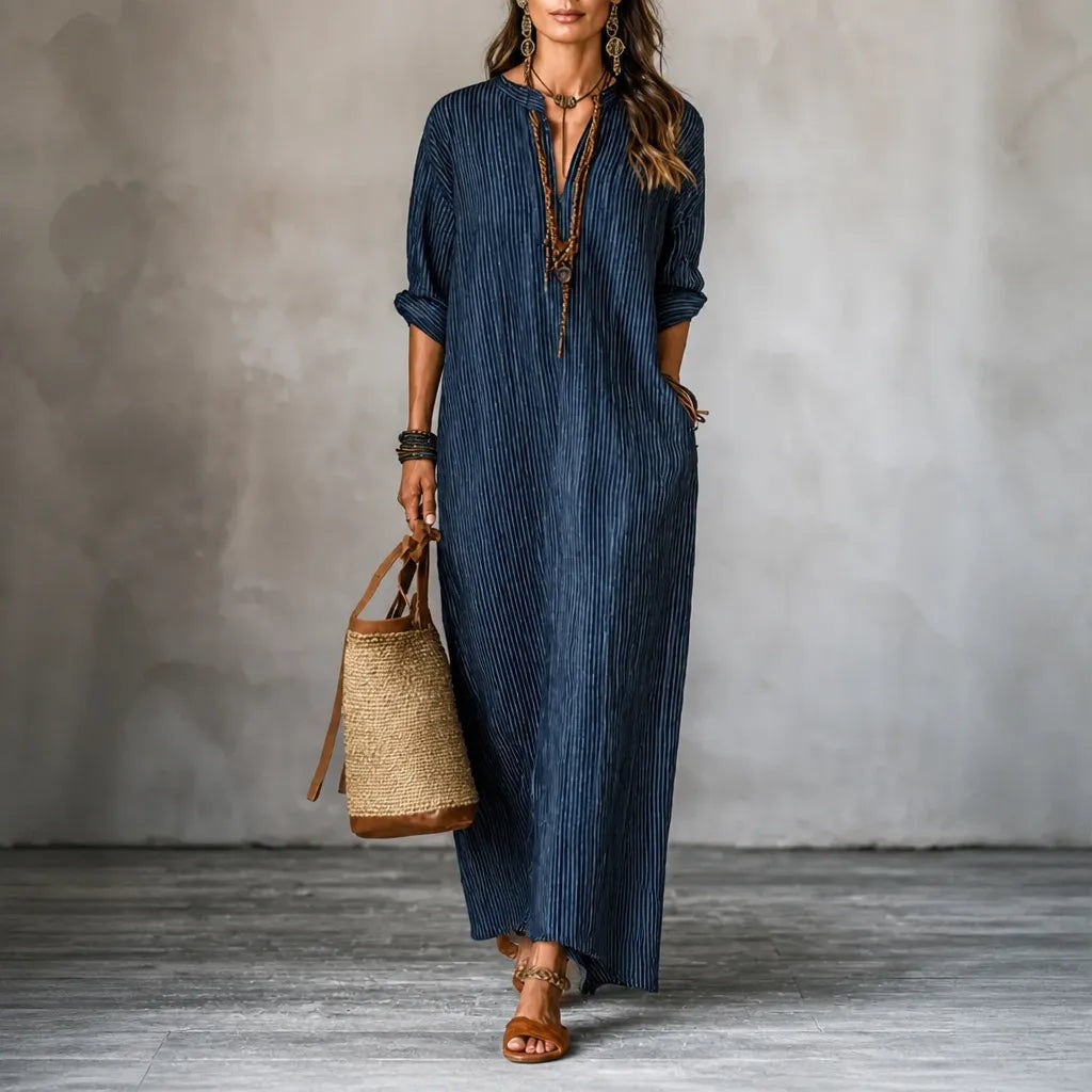 Gestreiftes Boho V-Ausschnitt Maxikleid mit Taschen und Langarm