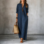 Gestreiftes Boho V-Ausschnitt Maxikleid mit Taschen und Langarm