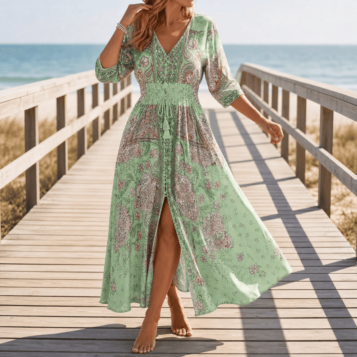 Fliessendes Boho-Maxikleid mit Blumendruck und V-Ausschnitt