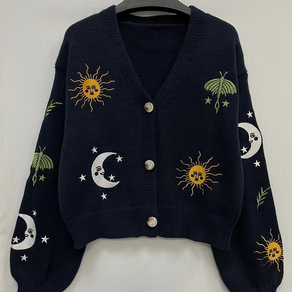 Bestickte Strickjacke Damen mit Sonne Mond Sterne Motiven