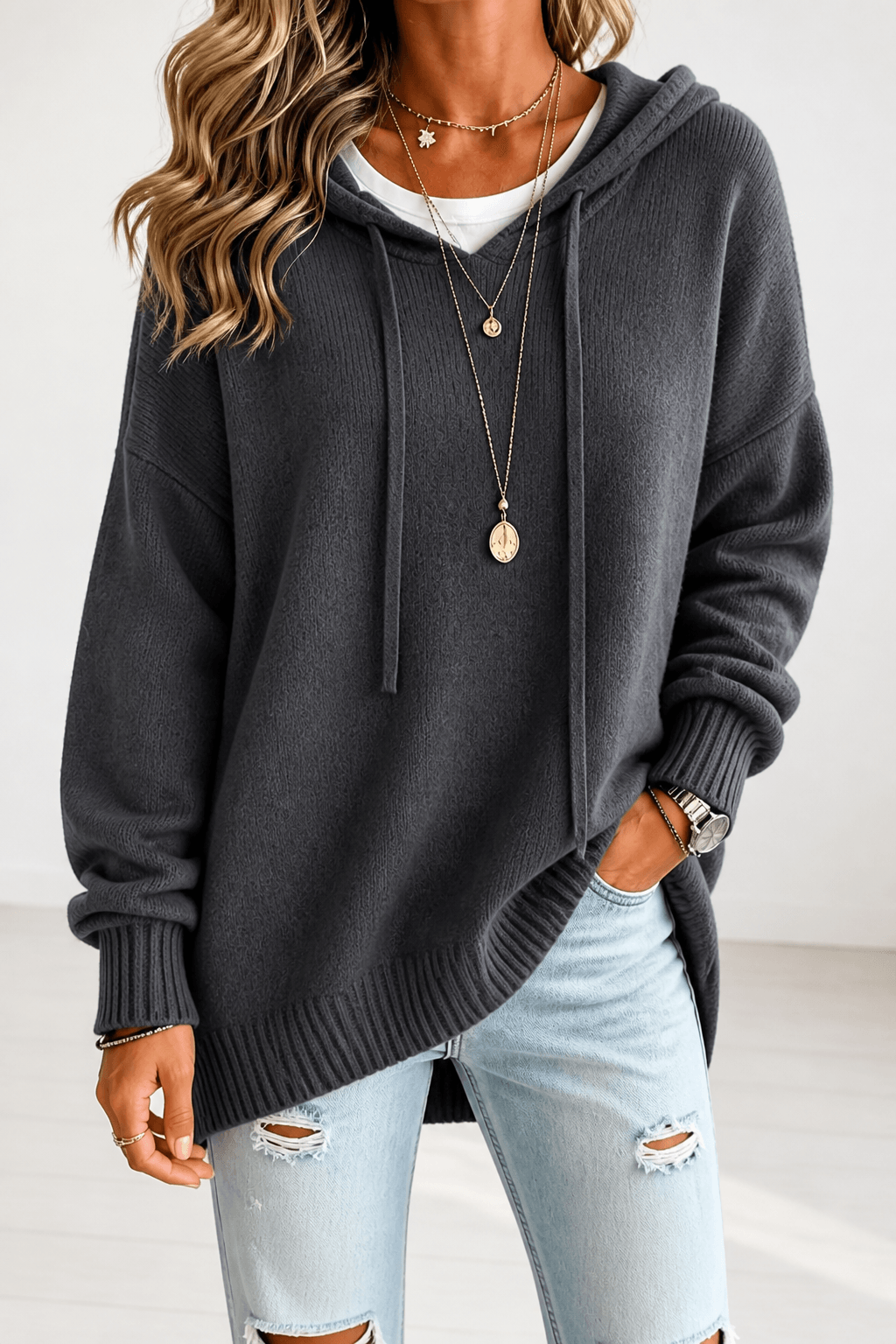 Oversize Kapuzen-Strickpullover mit Kordelzug für Damen