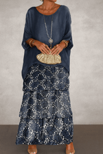 Gestuftes Chiffon-Maxikleid mit Fliessendem Cape-Ärmel und Weitem Schnitt