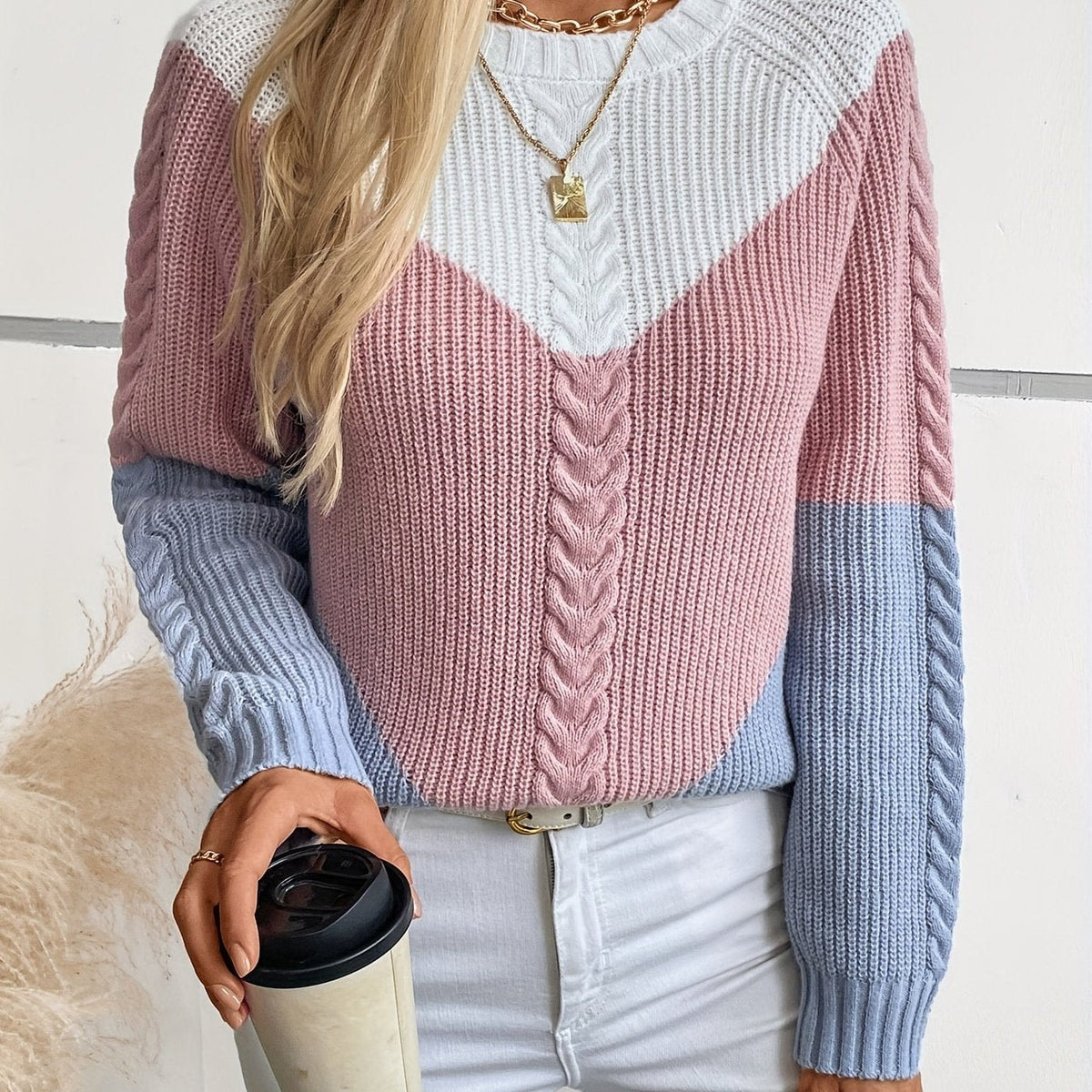 Norweger-Style Zopfmuster Damenpullover im Colour-Blocking-Design