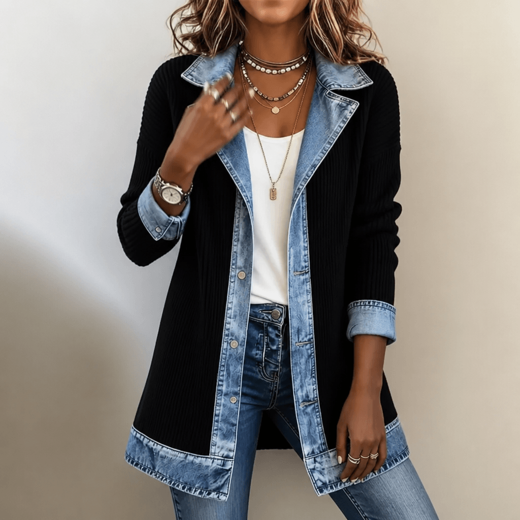 Strickjacke mit Denim-Paneelen und gerippter Struktur
