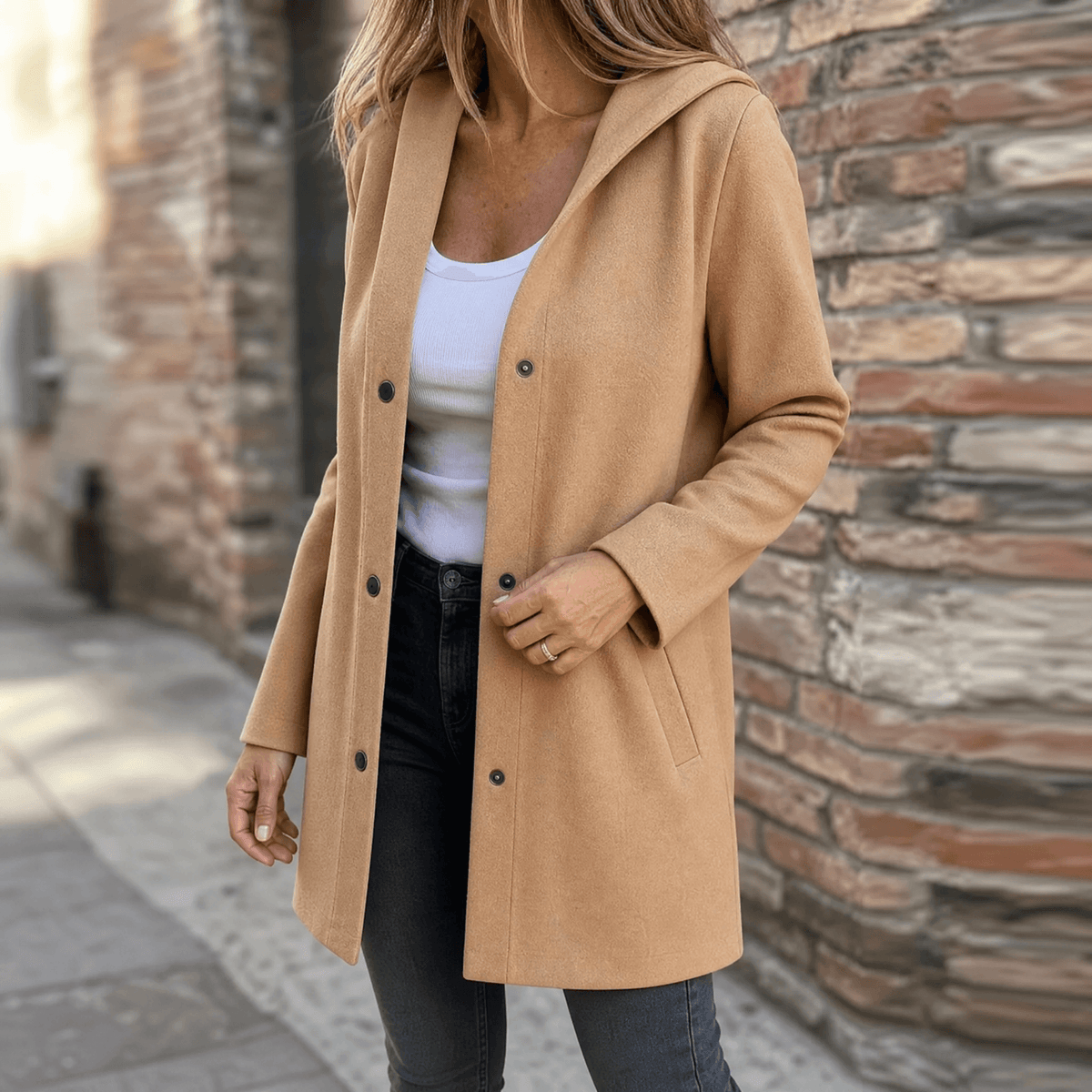 Damen Strickjacke mit Kapuze und Knopfleiste im Longline-Schnitt