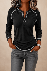 Damen Waffelstrick Henley Shirt mit Kontrastnähten