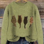 Grobstrick Rundhals Damenpullover mit Katzen-Motiv und Rippbündchen