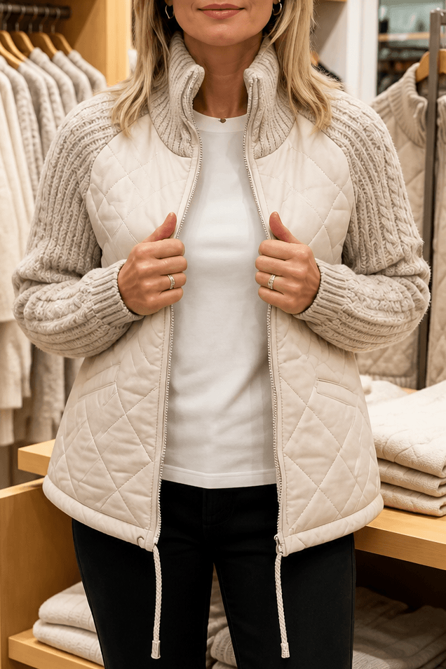 Damen Steppjacke mit Strickbesatz an Bund Ärmeln und Kragen im Patchwork-Design