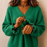 Damen V-Ausschnitt Strickpullover mit Knopfleiste und Rippstruktur