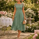 Blumen-Midikleid für Damen aus Spitze mit Chiffon-Rock und kurzen Ärmeln