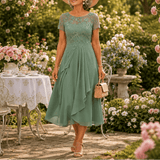 Blumen-Midikleid für Damen aus Spitze mit Chiffon-Rock und kurzen Ärmeln
