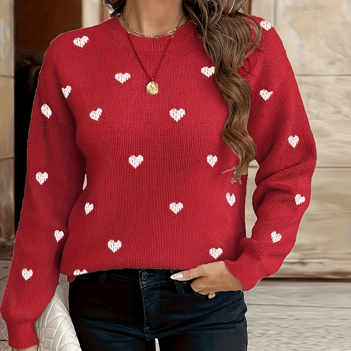 Herzmuster Strickpullover mit Rundhalsausschnitt für Damen