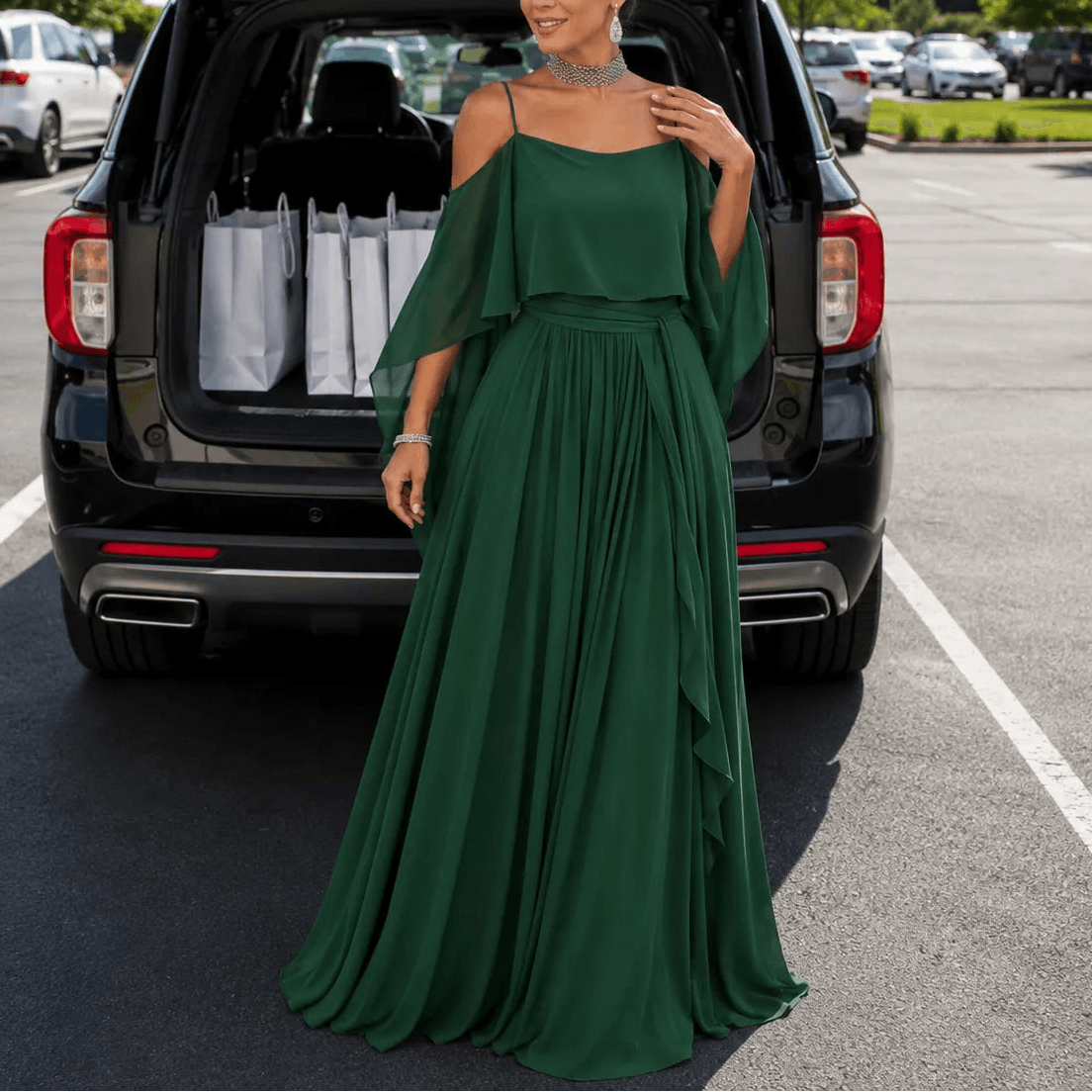 Kaltschulter Maxikleid mit Wickeloptik und Chiffon-Cape für Damen
