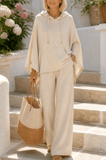 Damen Weite Stoffhose mit Kapuzenponcho im Zweiteiler-Set