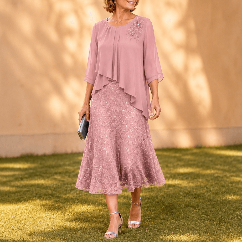 Elegantes Midikleid mit Spitzenoverlay und Chiffonärmeln