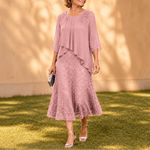 Elegantes Midikleid mit Spitzenoverlay und Chiffonärmeln