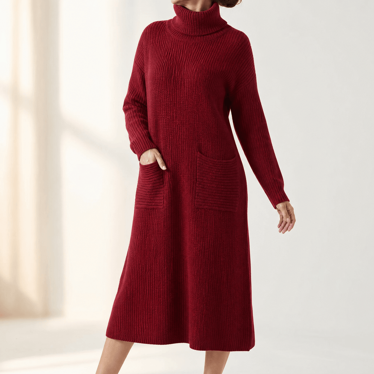 Velara Rollkragen Strickkleid Damen Übergrösse mit Taschen im Maxi-Schnitt