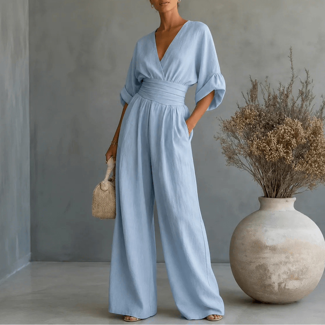 Weiter Jumpsuit mit V-Ausschnitt und plissiertem Taillengürtel als Zweiteiler-Look