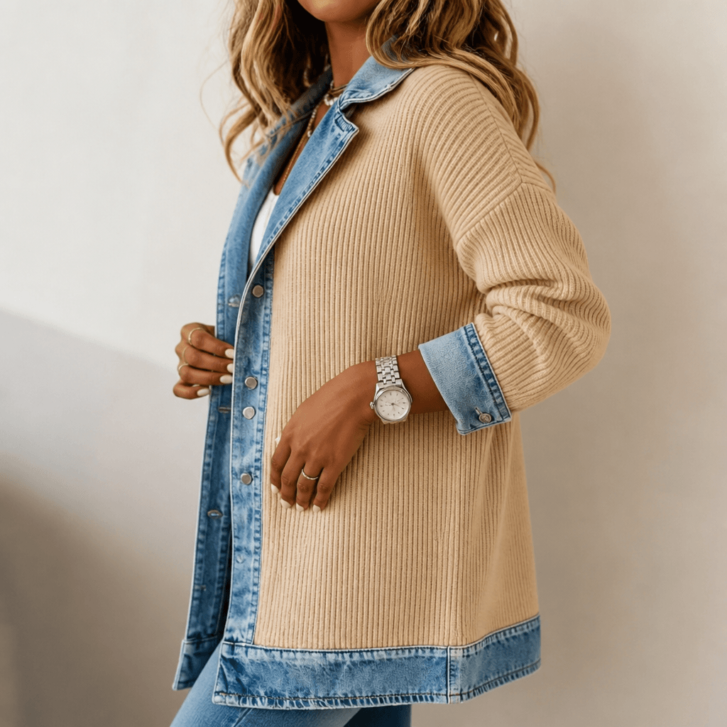 Strickjacke mit Denim-Paneelen und gerippter Struktur