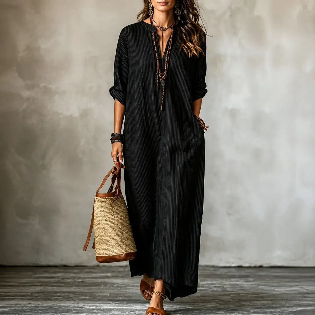 Gestreiftes Boho V-Ausschnitt Maxikleid mit Taschen und Langarm