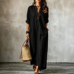 Gestreiftes Boho V-Ausschnitt Maxikleid mit Taschen und Langarm