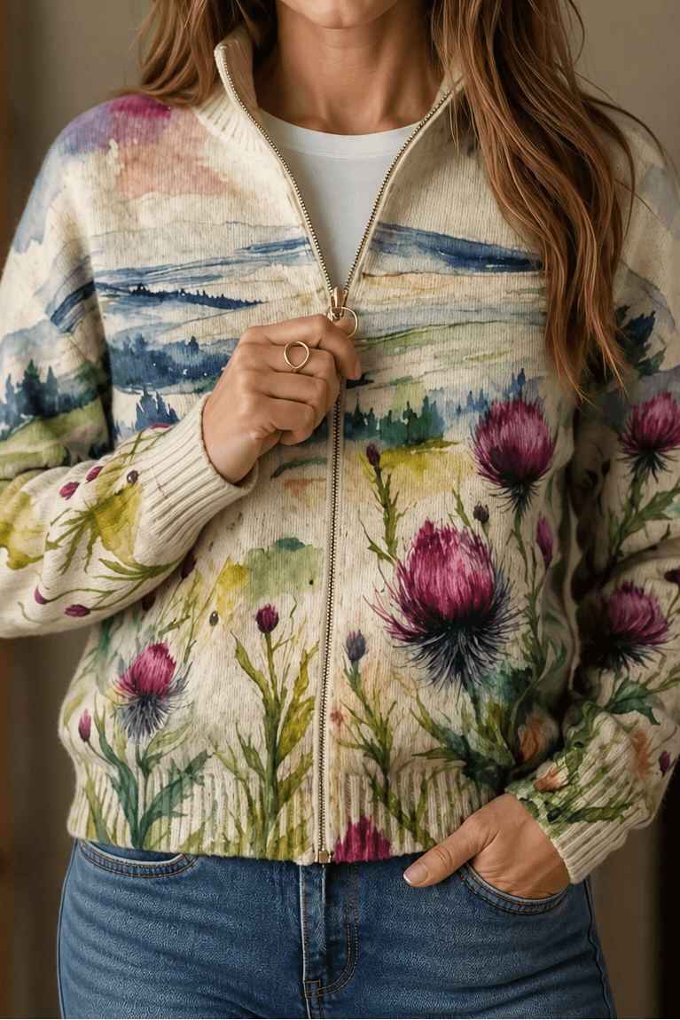 Botanischer Strick-Cardigan mit durchgehendem Reissverschluss für Damen