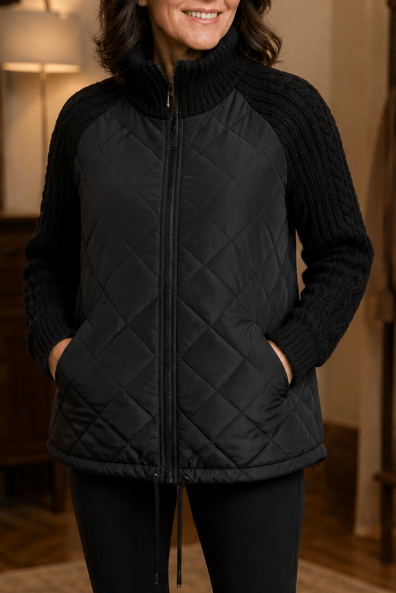 Damen Steppjacke mit Strickbesatz an Bund Ärmeln und Kragen im Patchwork-Design
