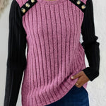 Damen Pullover Langarmshirt mit Kontrastärmeln und Knopfdetail am Rundhals