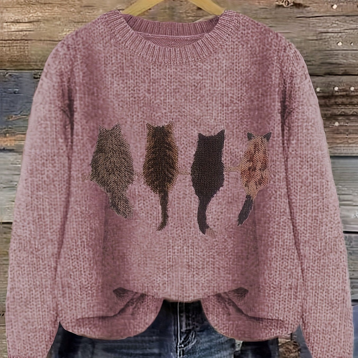 Grobstrick Rundhals Damenpullover mit Katzen-Motiv und Rippbündchen