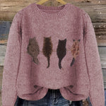 Grobstrick Rundhals Damenpullover mit Katzen-Motiv und Rippbündchen