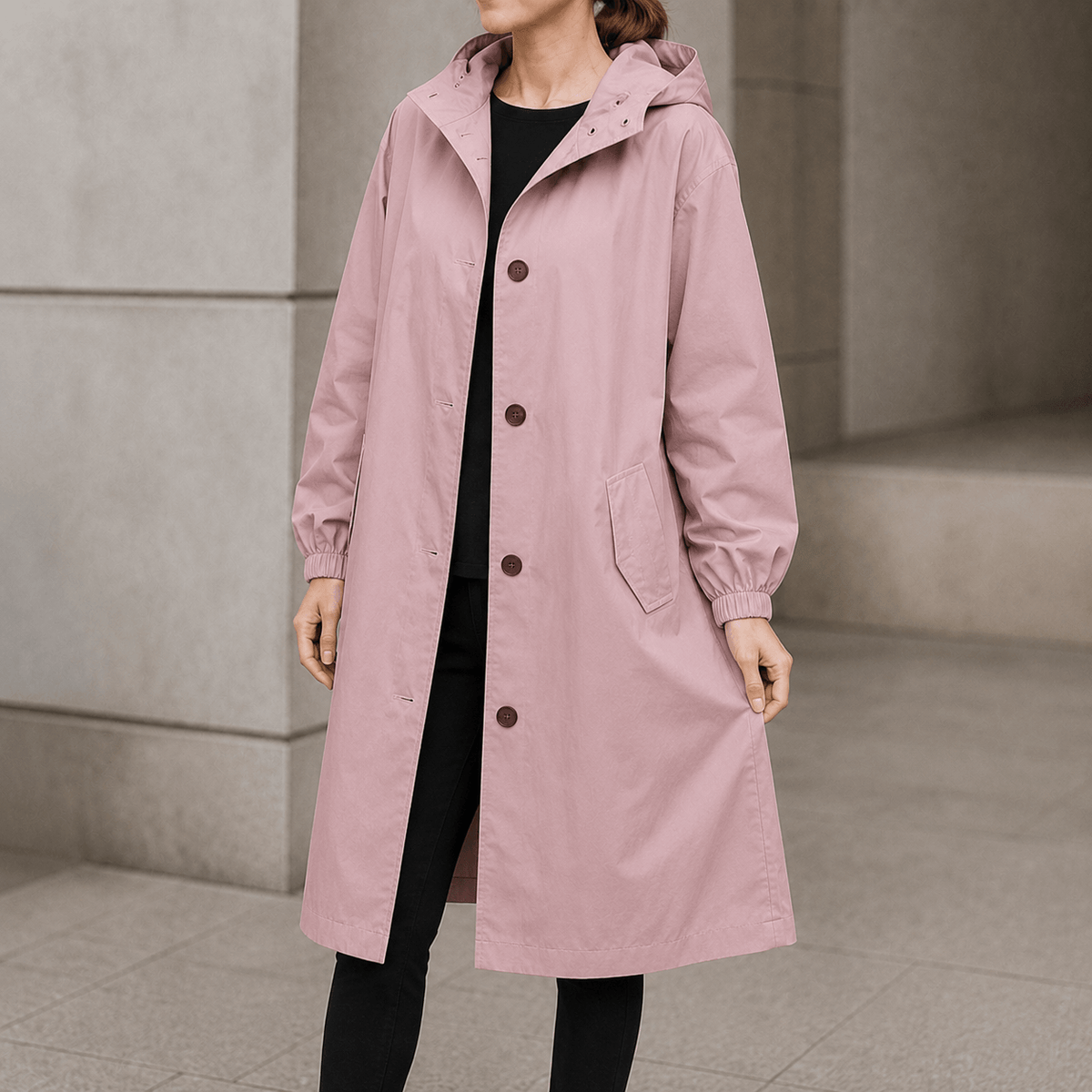 Kapuzen-Midi-Trenchcoat für Damen aus Baumwollmischung mit Kordelzug in der Taille