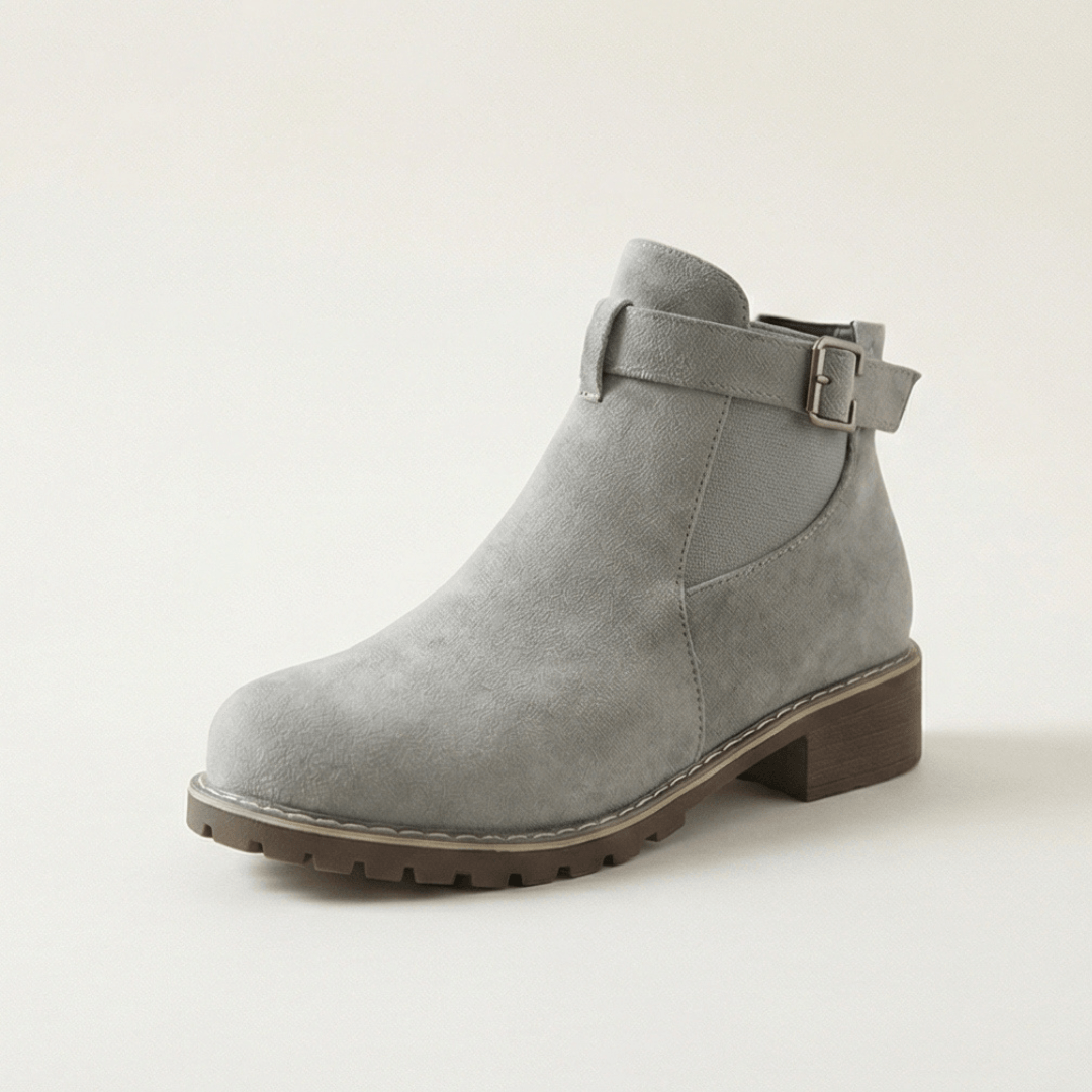 Damen Stiefeletten aus Veloursleder-Optik mit Schnalle und Blockabsatz