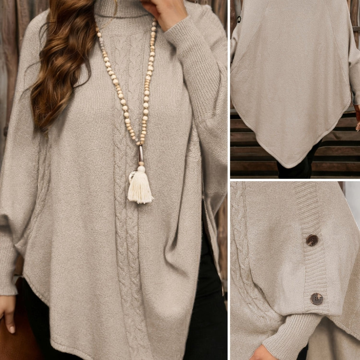 Poncho Pullover mit Rollkragen Zopfmuster und Knopfleiste für Damen
