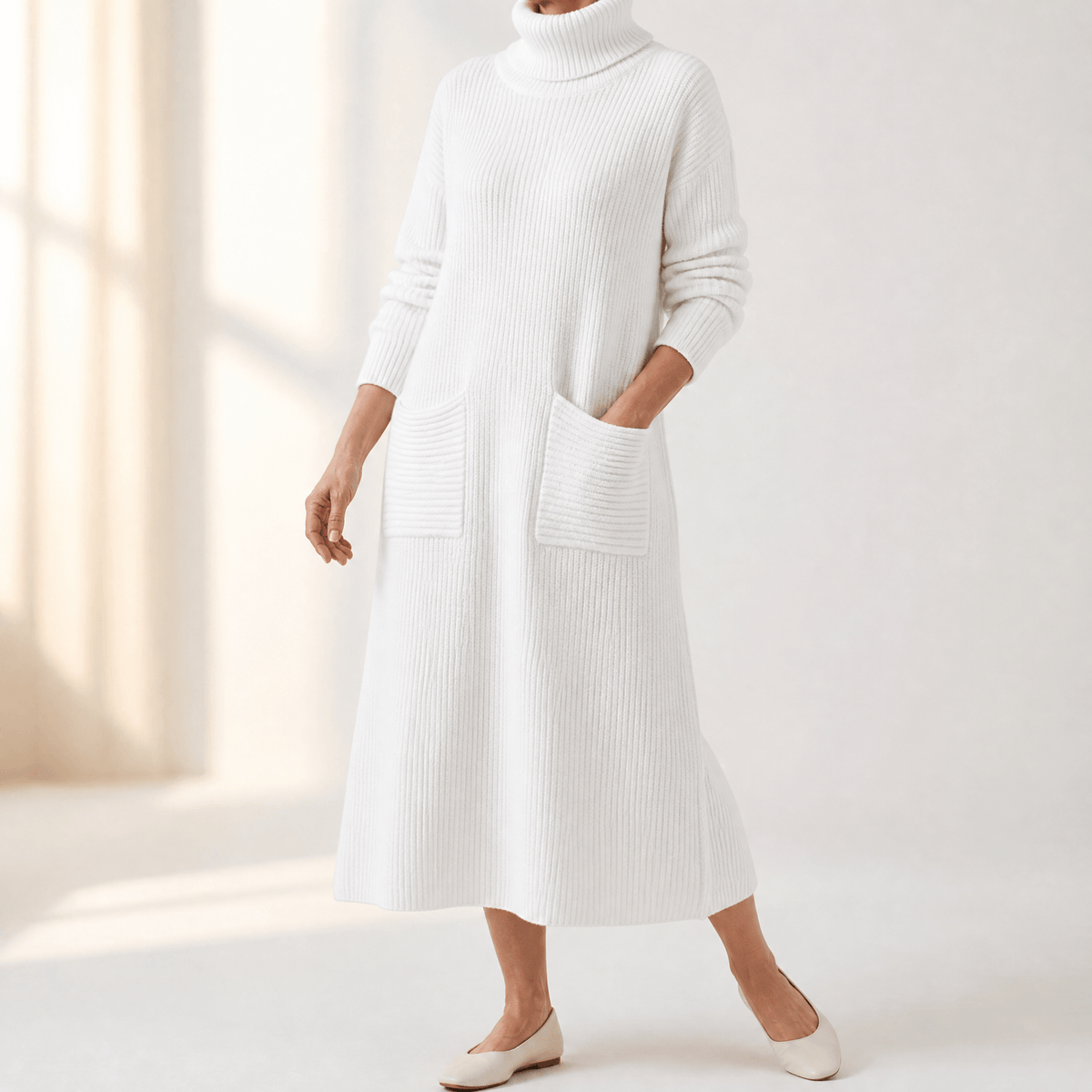 Velara Rollkragen Strickkleid Damen Übergrösse mit Taschen im Maxi-Schnitt