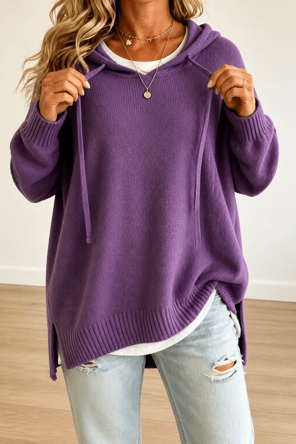 Oversize Kapuzen-Strickpullover mit Kordelzug für Damen