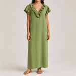 Rüschen-Maxikleid mit V-Ausschnitt und Taschen für Damen