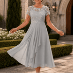 Blumen-Midikleid für Damen aus Spitze mit Chiffon-Rock und kurzen Ärmeln