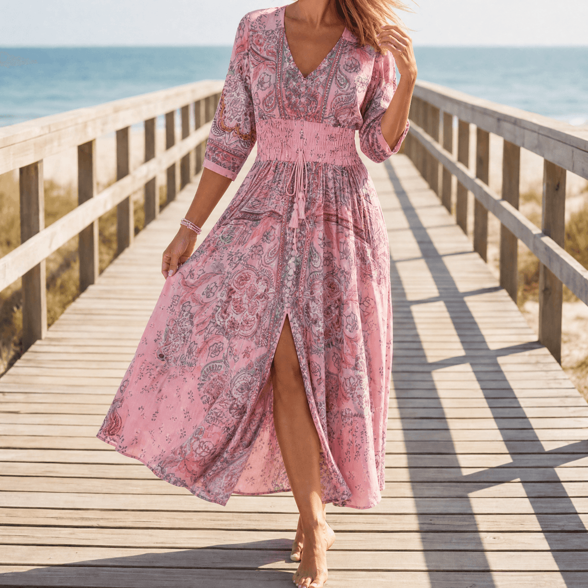 Fliessendes Boho-Maxikleid mit Blumendruck und V-Ausschnitt