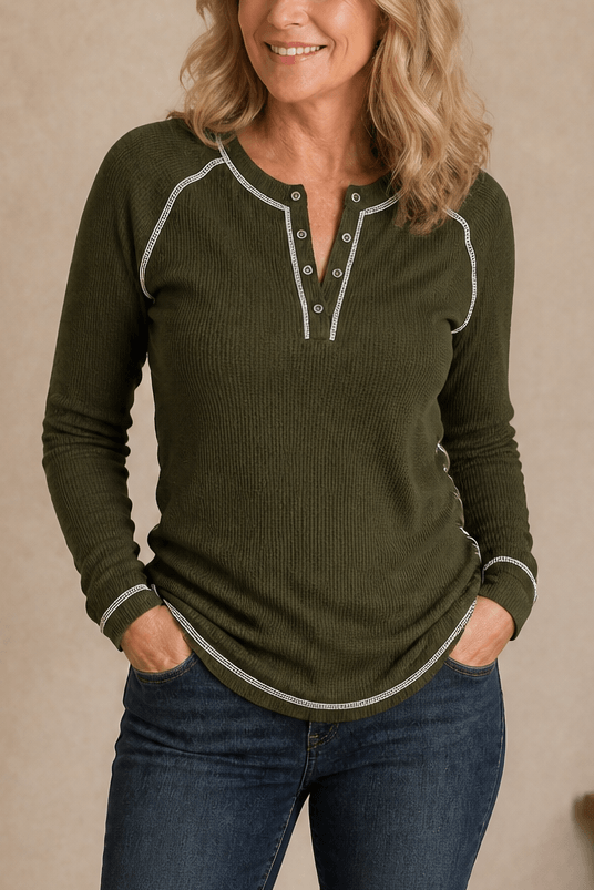Damen Waffelstrick Henley Shirt mit Kontrastnähten