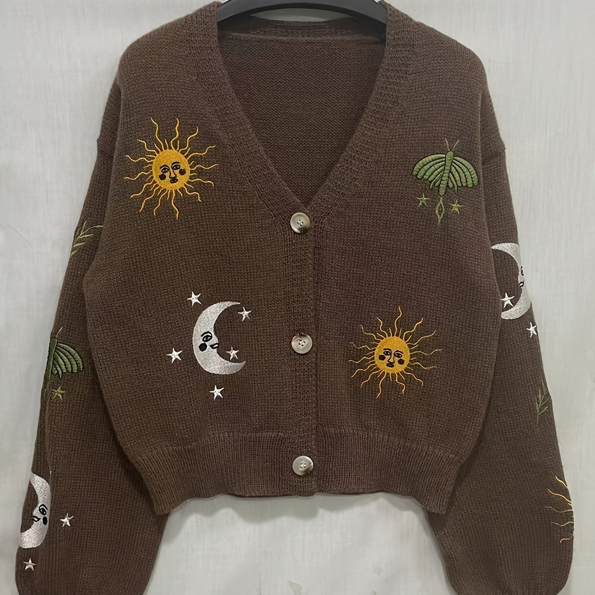 Bestickte Strickjacke Damen mit Sonne Mond Sterne Motiven