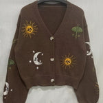 Bestickte Strickjacke Damen mit Sonne Mond Sterne Motiven