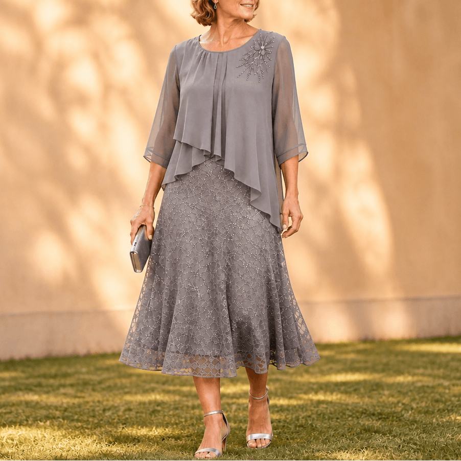 Elegantes Midikleid mit Spitzenoverlay und Chiffonärmeln