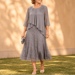 Elegantes Midikleid mit Spitzenoverlay und Chiffonärmeln