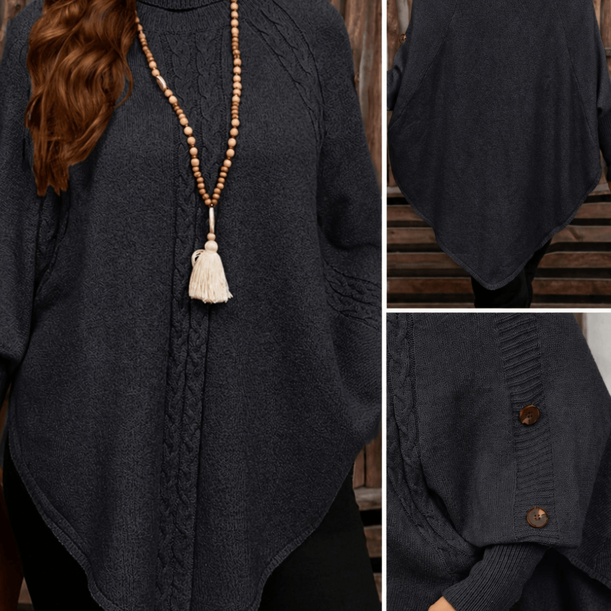 Poncho Pullover mit Rollkragen Zopfmuster und Knopfleiste für Damen
