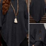 Poncho Pullover mit Rollkragen Zopfmuster und Knopfleiste für Damen