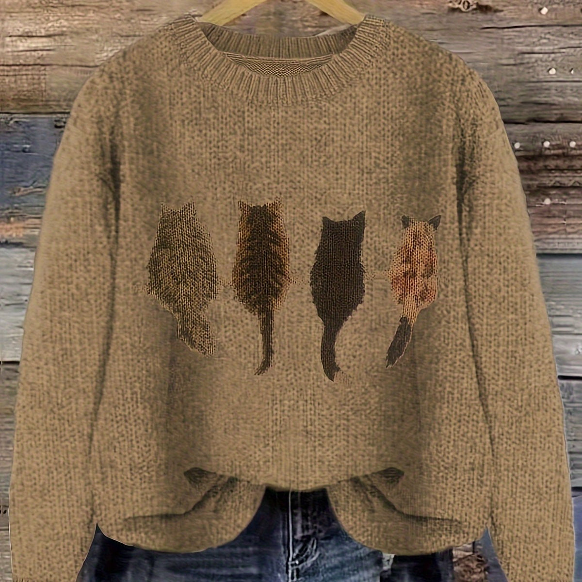Grobstrick Rundhals Damenpullover mit Katzen-Motiv und Rippbündchen