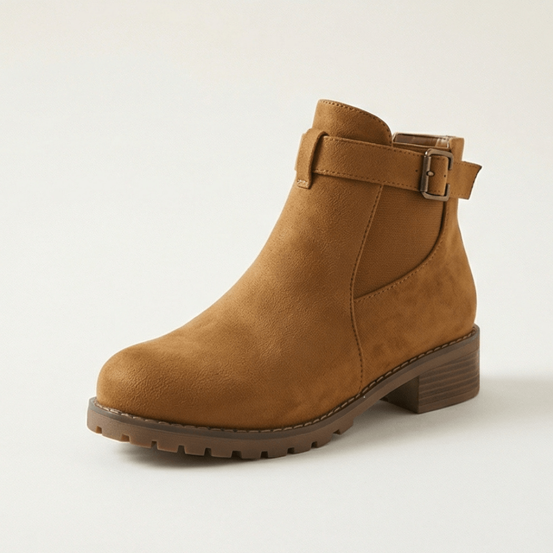Damen Stiefeletten aus Veloursleder-Optik mit Schnalle und Blockabsatz