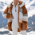 Damen Colorblock Kunstfell Jacke Oversized mit Kapuze
