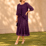 Elegantes Midikleid mit Spitzenoverlay und Chiffonärmeln